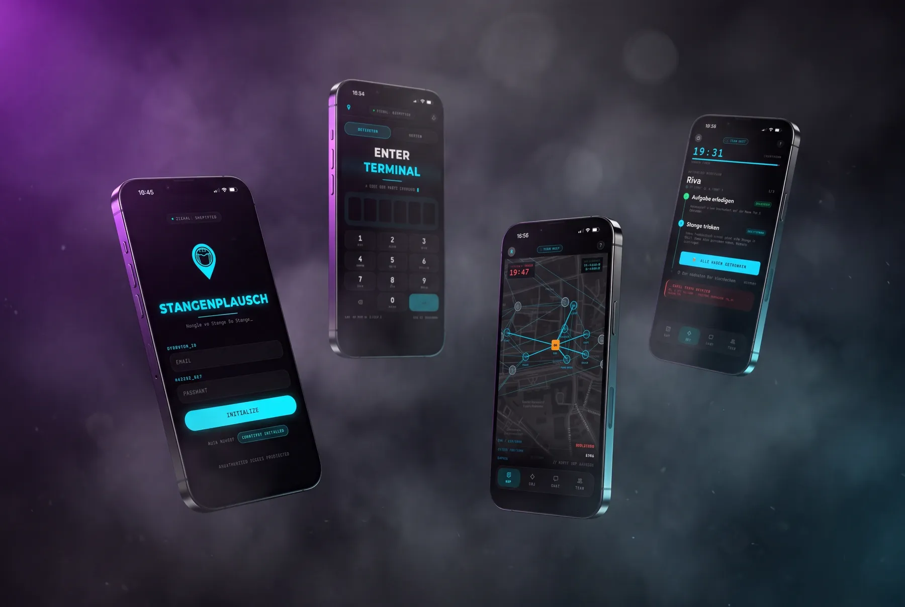 Vier Ansichten der Stangeplausch-App im Nebel: Anmeldung, Code-Eingabe, die Karte mit den Bars und die Aufgabe vor Ort.